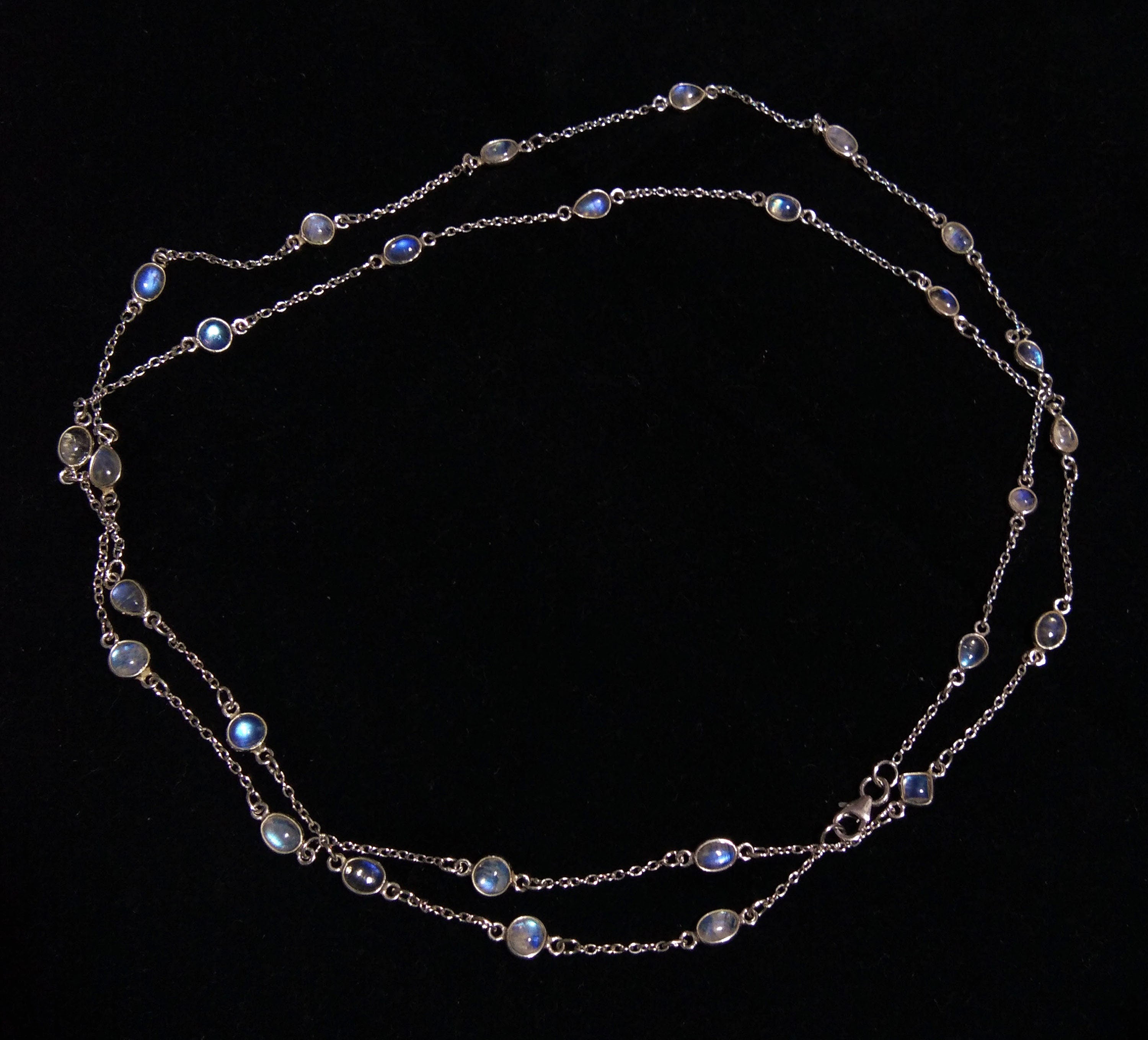 Natural Rainbow Moonstone Blue Fire Stone Chain Necklace, 925 Starling Silver Chain 44''Inches Adjuster Beaded Chain Necklace Jewelry Making
